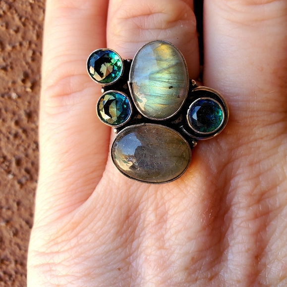 New Labradorite & Bi-Color Tourmaline Silver Ring. - Picture 3 of 16